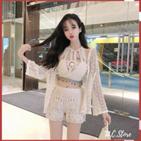 Set Ren Thổ Cẩm 3 Món (Mẫu Áo Khoác Lưới Bi , áo yếm đá, quần Hoa nổi bo viền)