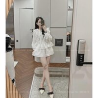SET REN TƠ TIỂU THƯ BUỘC NƠ ÁO REN MIX QUẦN SHORT - SET REN TRẮNG ÁO CROPTOP PHỐI NƠ sau sườn lưng KÈM QUẦN XINH Q&Q STO