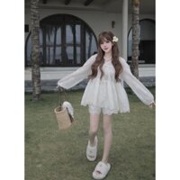 SET REN XÔ ÁO BABYDOLL CỔ V MIX QUẦN SOOC SET REN XÔ MỀM ĐI BIỂN