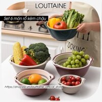 Set rổ nhựa 6 món kèm chậu bộ 3 rổ và chậu thau rửa rau củ đựng hoa quả trái cây 2 lớp hình tròn an toàn - Louttaine