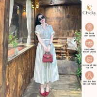 Set Siêu Phẩm Áo Sơ Mi Cổ Bẻ Tay Cộc Thêu Nơ Túi Ngực Kẻ Sọc Phối Chân Váy Maxi Dáng Dài Xòe Vintage Hàn Quốc SP010172