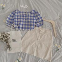 Set smi caro kẻ mix chân váy kaki