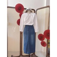 set sơ mi bèo trắng chân váy jean laviecloset