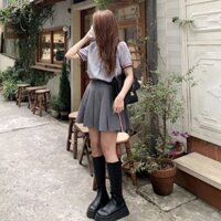 set sơ mi caro đen sọc trắng phối chán váy xám kèm ảnh thật chụp cận chất