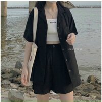 SET SƠ MI CỔ VEST + SHORT 🤎🖤 Thay chiếc áo cổ điển form rộng mix quần short phối hợp với chiếc vest tạo thành một item s