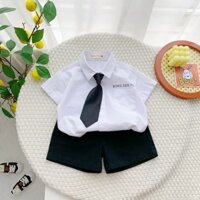 Set sơ mi cộc tay kèm cà vạt bé trai phong cách Hàn Quốc - Bộ cộc đùi cho bé từ 9 đến 22kg