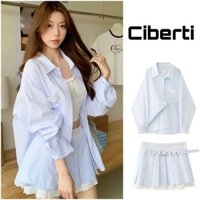 Set sơ mi dài tay kẻ sọc form rộng phối chân váy xếp ly kẻ xanh Ciberti