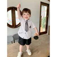 Set Sơ Mi Hàn Quốc Kèm Cà Vạt Cho Bé Trai 8-23Kg, Set Đồng Phục Học Sinh Hàn Quốc Cho Bé Trai HANNAH KIDS