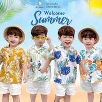 Set sơ mi họa tiết đi biển cho bé trai bé gái áo sơ mi đũi quần kaki linen 1 đến 7 tuổi BERNIE kids