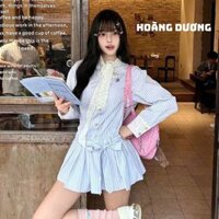 Set Sơ Mi Phối Liền Chân váy Họa Tiết Kẻ Sọc Phối Ruy Băng Thời Trang Dịu dàng Phong Cách Hàn Quốc