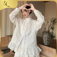 Set sơ mi ren bèo cổ trụ Sellena phối gile, Áo kiểu kèm chân váy tiểu thư thanh lịch Hàn Quốc SD09