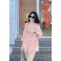 Set sơ mi thụng HỒNG rút eo quần short trắng NỮ Thời trang#phucxoshop.