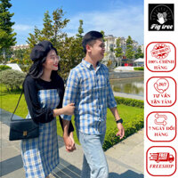 Set Sơ Mi Váy Đôi FIGTREE Caro Xanh Yếm Nữ Kèm Áo Thun Mã 165