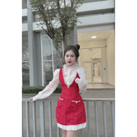 Set sơ mi voan trắng cổ trụ bèo + đầm yếm dạ đỏ bố viền