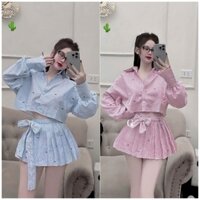 Set sọc áo sơ mi phối cổ tay ngắn phồng váy bí màu xanh da trời sáng da alohashop91