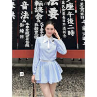 Set sọc xanh áo sơ mi cổ bẻ form croptop tay lỡ viền ren + chân váy xoè lưng bảng trắng có lót quần