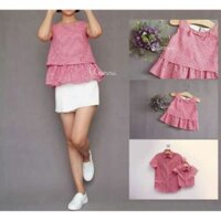 Set sơmi bố và bé trai vải kẻ caro đỏ.