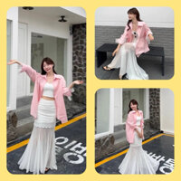 Set Sơmi Hồng Chân Váy Ren Phối Voan