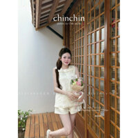 Set tafta áo sát nách ren hoa nơ cổ quần sooc M/C