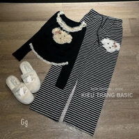 set tăm áo thun cổ viền bèo đính gấu lông kèm quần dài suông sọc ngang