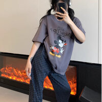 Set tay ngắn , Quần dài BAGGY nữ in hình Mickey TOHOSTORE, Bộ ngắn tay nữ , quần Caro đũi nhập Full size từ 42kg-68kg