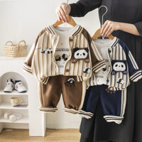 Set thể thao cho bé trai gồm áo khoác ngoài, quần dài và áo phông trắng hình gấu panda dễ thương cho bé từ 0-5 tuổi 2024