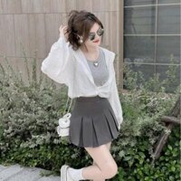 sét thiết kế 3 món áo thun sát nách cotton lạnh, áo khoác tơ xước, chân váy xếp ly, chử A free size