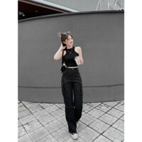 Sét thiết kế áo croptop kèm quần kaki có túi khóa kéo phong cách năng động