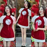 Sét thiết kế áo nhung đỏ cổ tàu tay phồng xẻ tà logo thêu phối chân váy trắng cho các nàng du xuân