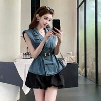 Sét thiết kế áo sát nách jean quảng châu cổ bẻ dáng dài phối quần bí ngắn chất mango kem nịt sang chảnh