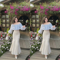 Set Thiết Kế Áo Tơ Trễ Vai Bèo Tay Phồng Mix Chân Váy Đuôi Cá Tag Hoa Trà FUMI