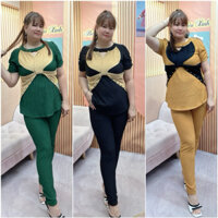 Sét Thiết Kế Bigszie Nữ 60-95kg ,Đồ Bộ Quần Dài Ống Ôm Áo Tay Phồng Cổ V Đính Hạt Ngọc, Chất Liệu Thun Xốp Nhật