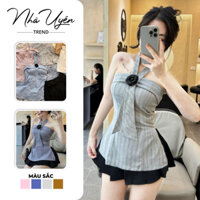 Set thiết kế sang chảnh siêu hot cho nàng đi chơi, set cổ yếm đính bông họa tiết sọc xẻ tà phối chân váy xếp ly 4 màu