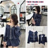 Set thiết kế siêu hot cho các nàng diện đi chơi, Set JUM kẻ sọc áo trễ vai tay dài dáng bí - 1989
