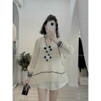 Sét thời trang áo kiểu quảng châu tiểu thư voan tơ ánh kim kèm phụ kiện mix quần tapta mặc đi chơi