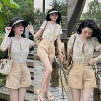Set thời trang nữ 3 món mặc đi chơi hè ,du lịch trẻ trung áo len ren tay ngắn kèm áo tăm lạnh quần short kaki kem