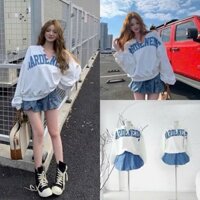Set thời tràng nữ chất nỉ cao cấp áo tay dài in chữ nổi phối chân váy  jeans bí phồng thiết kế trẻ trung