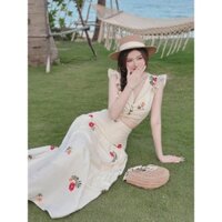 Set thời trang nữ cực xinh cho nàng đi dạo biển, đầm dáng dài hoa xòe nhẹ mix áo cúc vai bèo rua trẻ trung năng động