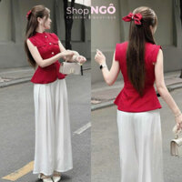 Set thời trang nữ diện TẾT,set áo đỏ sát tay cổ gài nút chất lennin phối quần lụa ống rộng tiểu thư sang trọng