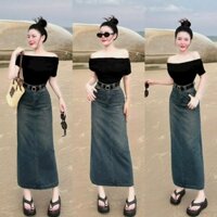 Set thời trang nữ mặc đi chơi chất áo thun gân trễ vai tay ngắn váy jean kèm nịt dài maxi siêu xinh