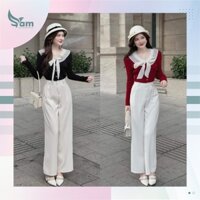 Set thời trang nữ mặc đi chơi,Áo cổ bèo phối voan cột nơ tay dài tiểu thư quần dài ống suông 2 màu thanh lịch AT79