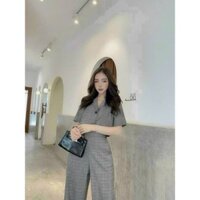 *Set thời trang nữ sang trọng chất FOR áo cổ vest thanh lịch phối nút trước ngực quần ống suông dài lưng thun tôn dáng
