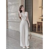 *Set thời trang nữ tổng tài sang chảnh chất cotton lạnh cổ chữ V không tay phối nút bo tròn quần suông dài maxi