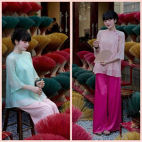 Set thời trang nữ,Set áo voan cổ trang tơ tay lỡ nút bọc babydoll phối quần dài ống suông tuyết nhung đi lễ chùa