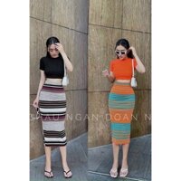 sét thun áo tay ngắn cổ tròn phối chân váy dài ôm tôn dáng siêu đẹp LY025