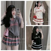 set thun gân áo rút dây ngực V tay dài váy quần ôm eo tôn body dáng xoè alohashop91