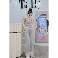 Set thun gân áo tay ngắn vạt bầu phối nút mix quần dài lưng thun đẹp