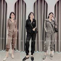 Set Thun Rip Sọc Nút Thêu Hoa