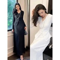 Set thun xốp dập váy suông dáng dài áo tay dài cổ V đính ngọc siêu sang chảnh
