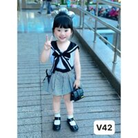 Set Thuỷ Thủ 3 Chi Tiết Cổ nơ chạy Viền kèm Chân váy Caro Đính Nơ xinh xắn cho bé gái [QiQiKids V42]
